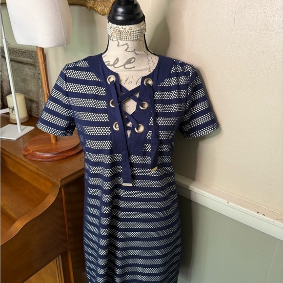 MICHAEL Michael Kors Mesh -Inset Striped Lace - Up Midi Dress NWT - Picture 10 of 11